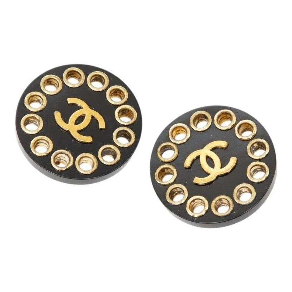 Chanel CC Logo Vintage Round Earrings 28 Gold Black Plating Plastic